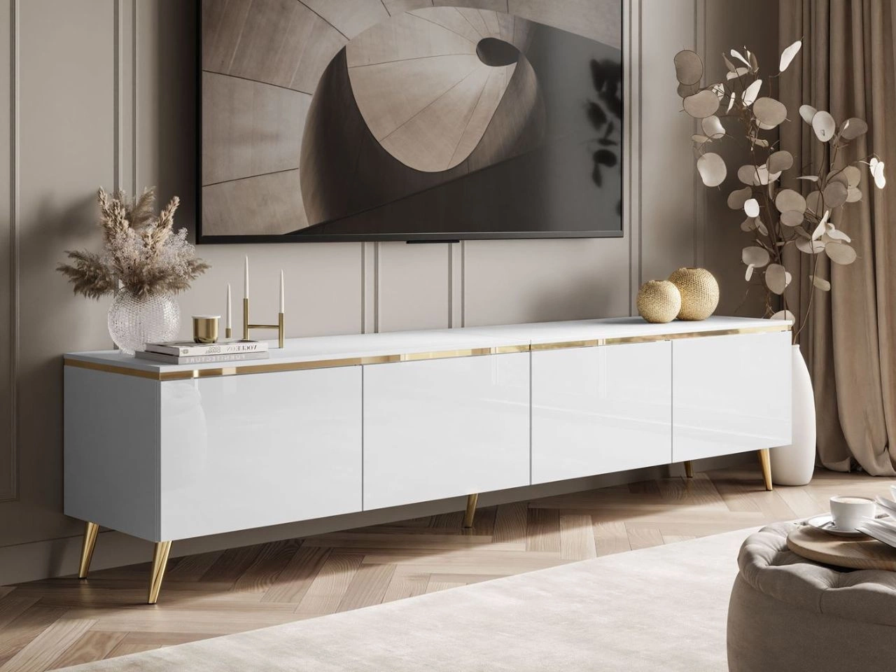 TV-Lowboard viertürig im Glamour-Stil mit LED-Beleuchtung Celle, Weiß Hochglanz