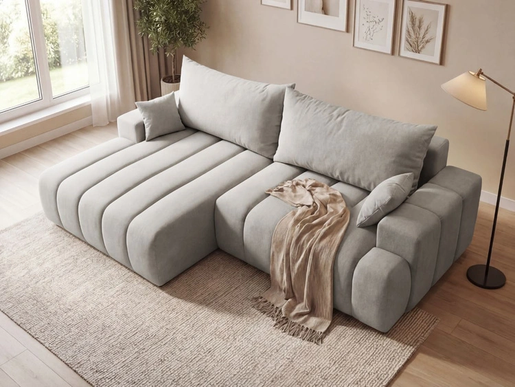 Ecksofa L-Form Links mit Schlaffunktion und Bettkasten Caleo Hellgrau