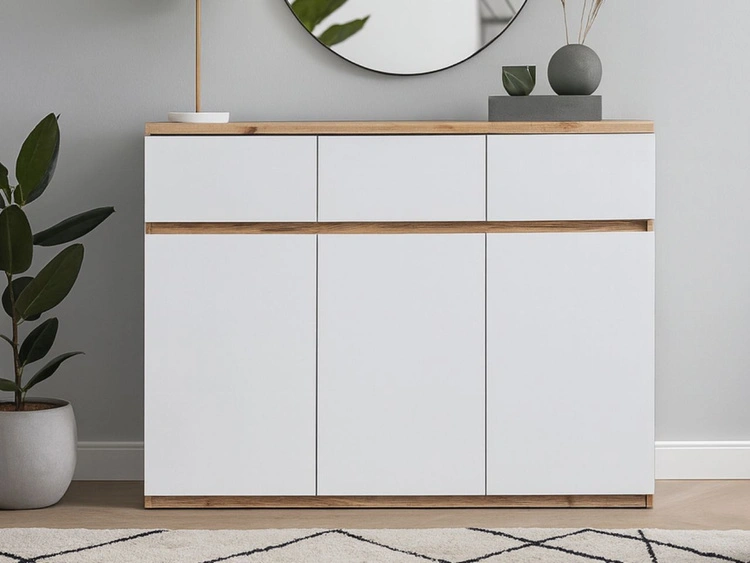 Kommode mit Türen und Schubladen Arcadia Eiche Wotan, Weiß