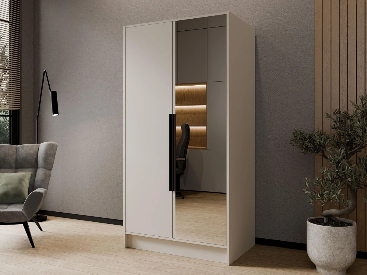 Kleiderschrank mit Spiegel 100 cm Lucca Kaschmir mit schwarzen Griffen