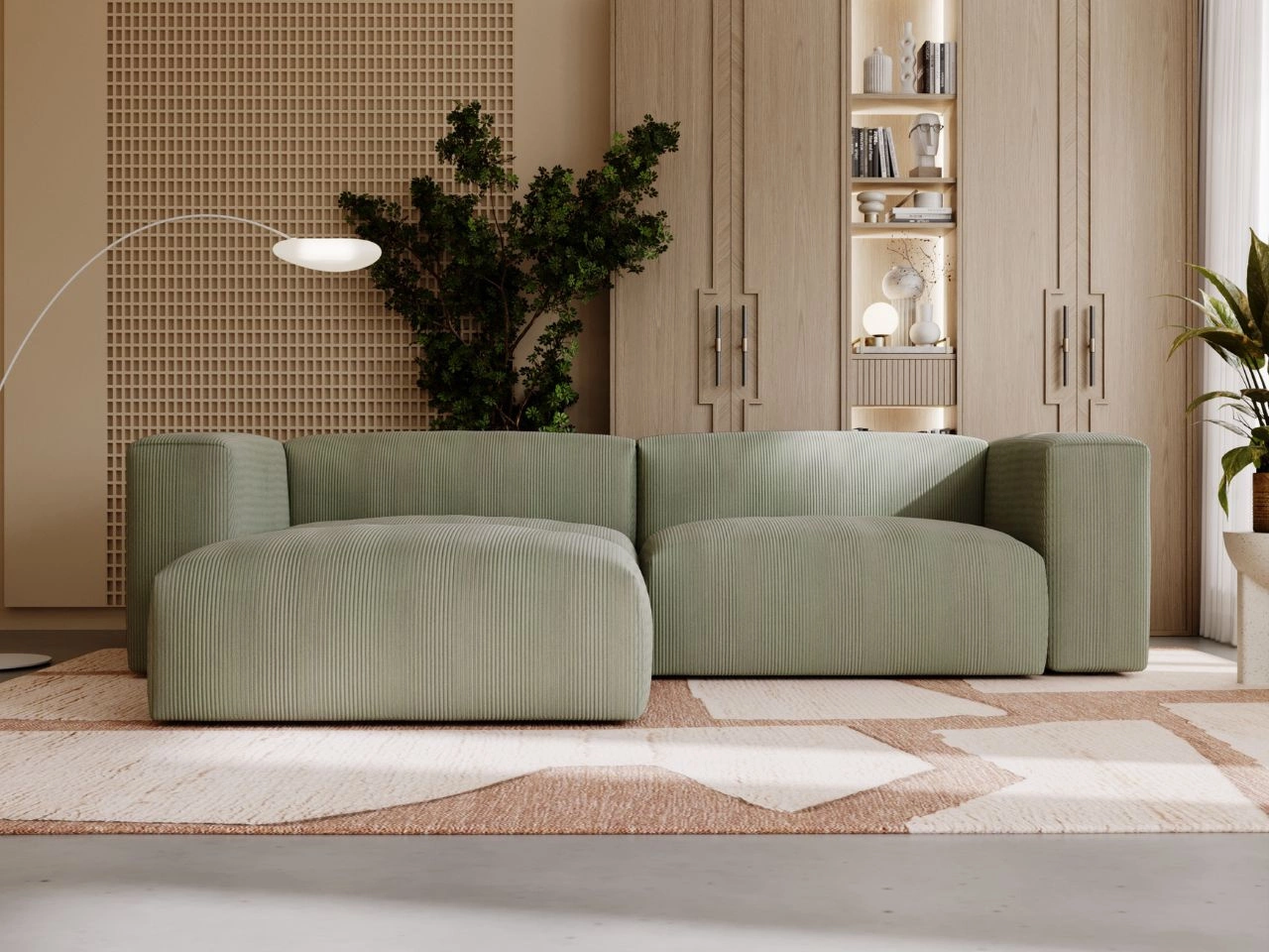 Ecksofa L-Form Links Moderne Cord Ecksofa Landi Grün