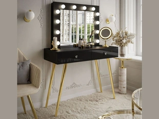 Schminktisch glamour mit Schubladen, Spiegel und LED-Beleuchtung Olivine Schwarz Hochglanz