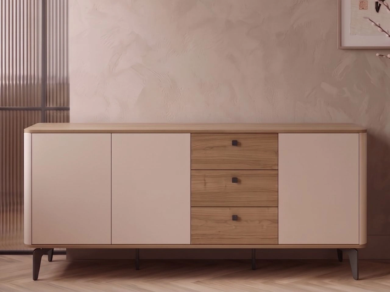 Kommode mit Türen und Schubladen, 180 cm, Arelis Kaschmir, Royal Nussbaum