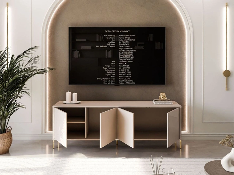 TV-Lowboard im Glamour-Stil mit Türen auf geraden goldenen Füßen Vivance, Kaschmir Hochglanz