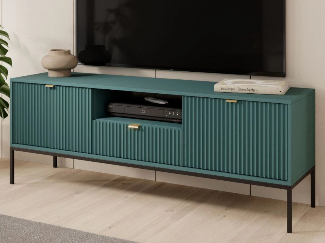 TV-Lowboard mit Schublade und Türen Amber Grün, Schwarz Frame