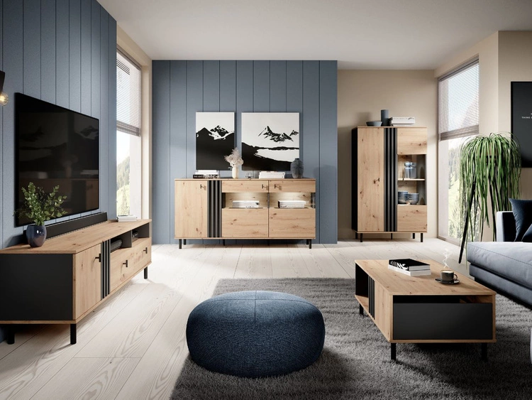 TV-Lowboard mit Schubladen und Türen Malone Artisan Eiche, Schwarz