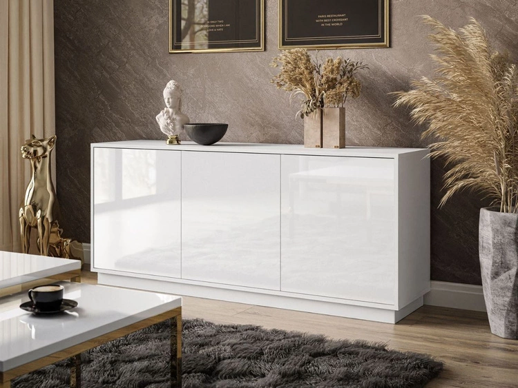Dreitürige Kommode 154 cm im Glamour-Stil auf weißem Sockel Vivance Weiß Hochglanz