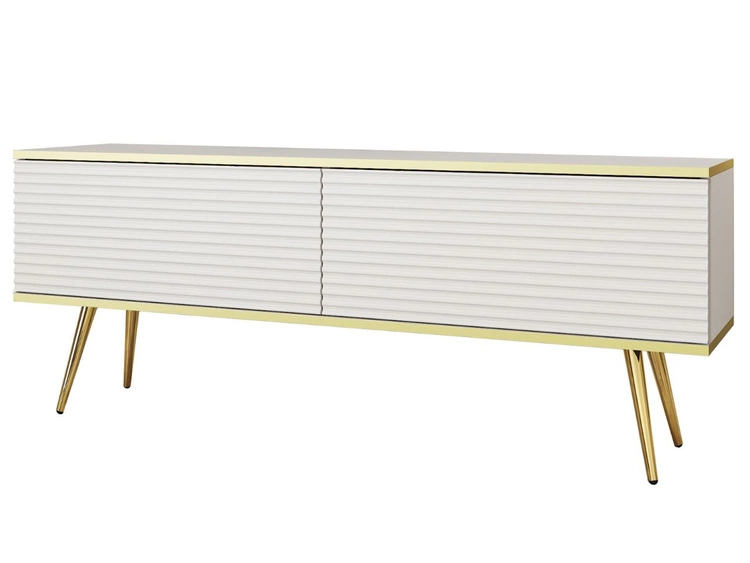 TV-Lowboard mit Türen 135 cm Diolo Weiß mit geriffelter auf goldenen Beinen