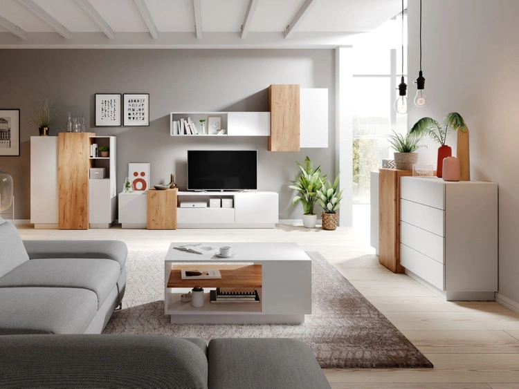 Moderne Wohnwand für das Wohnzimmer Morten Weiß, Goldene Craft Eiche