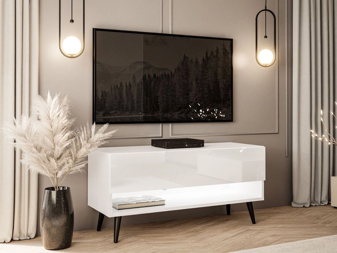 TV-Schrank 90 cm mit LED-Beleuchtung und schwarzen Beinen Aurelie Weiß Hochglanz