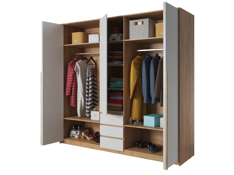 Fünftüriger Kleiderschrank mit Drehtüren und LED-Beleuchtung Baffi Eiche Craft Gold, Weiß