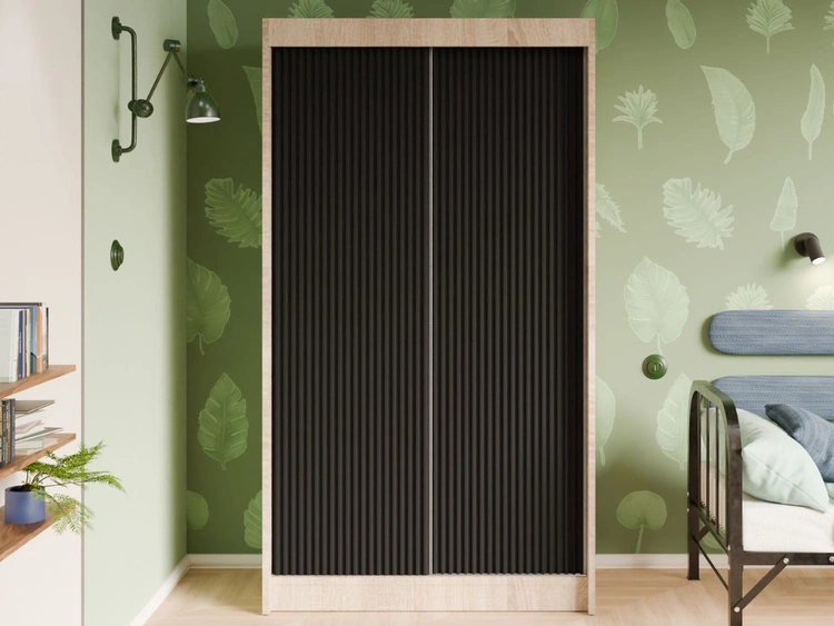 Schiebetürenschrank mit geriffelter Front 120 cm Fano Eiche Sonoma, Schwarz
