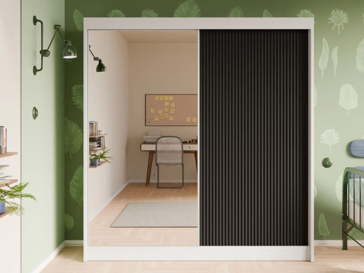 Schiebetürenschrank mit geriffelter Front und Spiegel 200 cm Fano Weiß, Schwarz