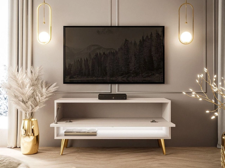 TV-Schrank 90 cm mit LED-Beleuchtung und goldenen Beinen Aurelie Kaschmir Hochglanz