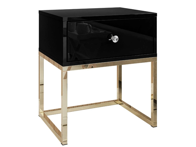 Nachttisch Glamour mit Schublade und goldenem Gestell Brisa Schwarz Hochglanz