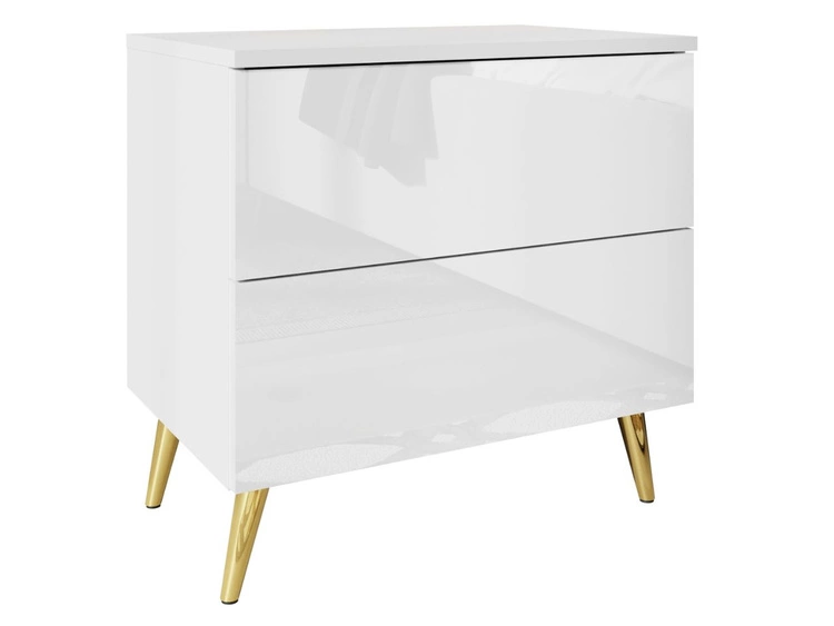 Nachttisch mit Schubladen auf Goldenen Metallbeinen Nuveo Weiß Hochglanz