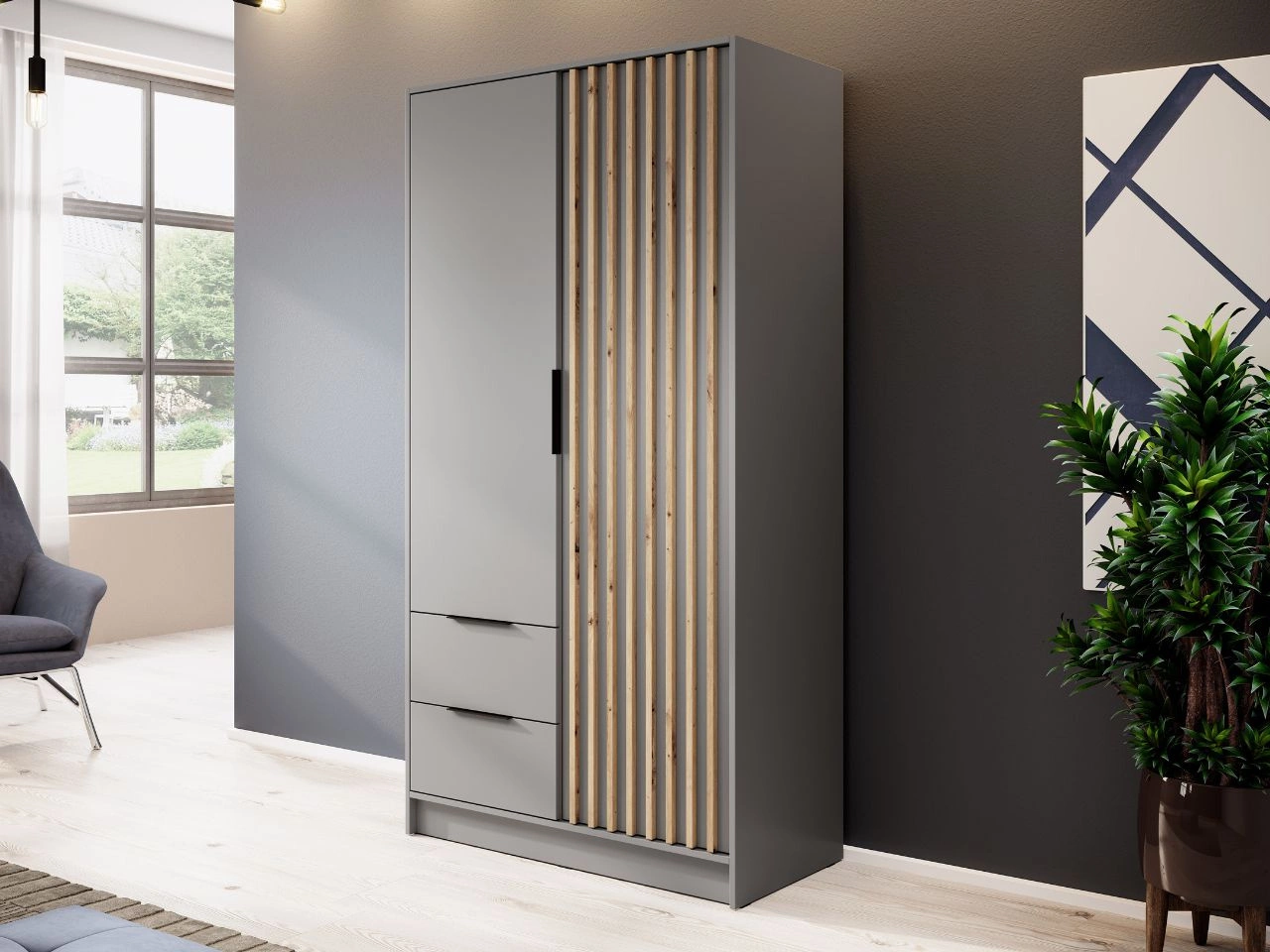 Kleiderschrank 105 cm Macron Grau, Artisan Eiche