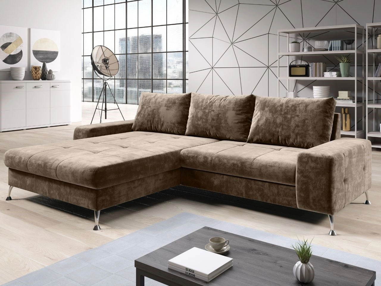 Ecksofa L-Form Links mit Schlaffunktion und Bettkasten Tonny Hellbraun