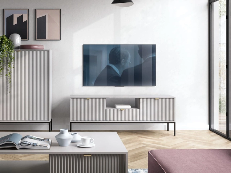 TV-Lowboard mit Schublade und Türen Amber Grau, Schwarz Frame