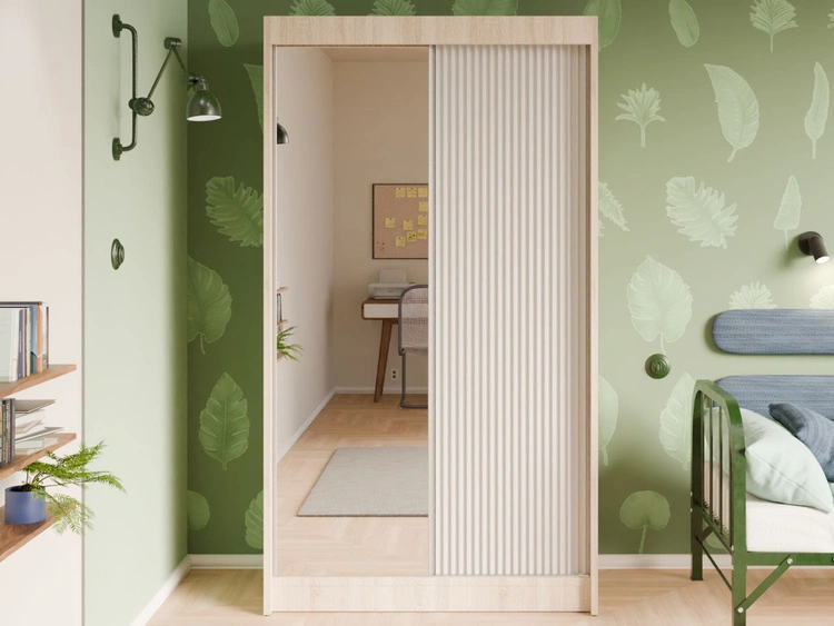 Schiebetürenschrank mit geriffelter Front und Spiegel 120 cm Fano Eiche Sonoma, Weiß