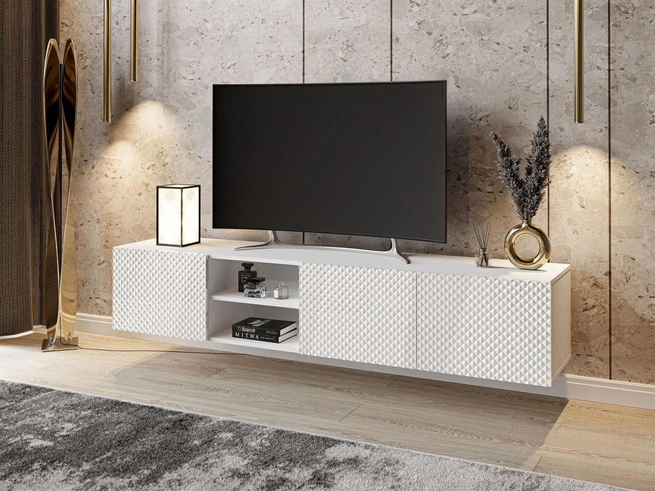 Hängender TV-Schrank mit 3D-gefrästen Fronten Celiane Weiß Glanz