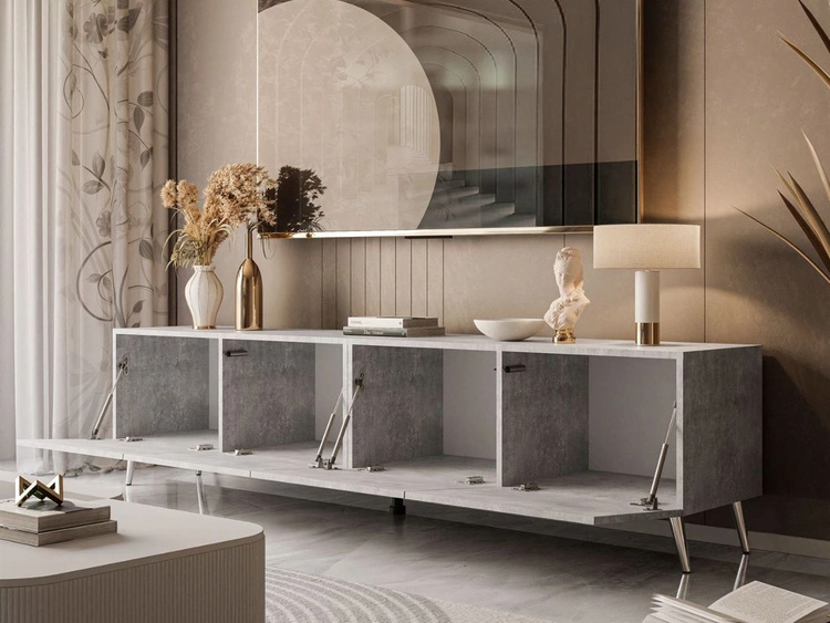 TV-Lowboard mit Türen auf Silbernen Metallbeinen 200 cm Nodoo Beton