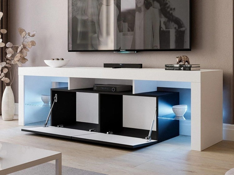 TV-Lowboard mit Türen und Aufsatz 150 cm Nodoo Weiß Hochglanz