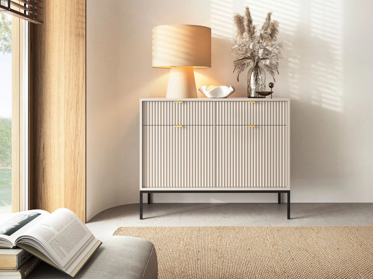 Kommode mit Türen und Schubladen Amber Kaschmir auf schwarzen Beinen
