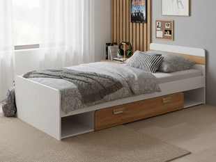 Einzelbett mit Schublade für ein Jugendzimmer Lindo Weiß, Nash Eiche