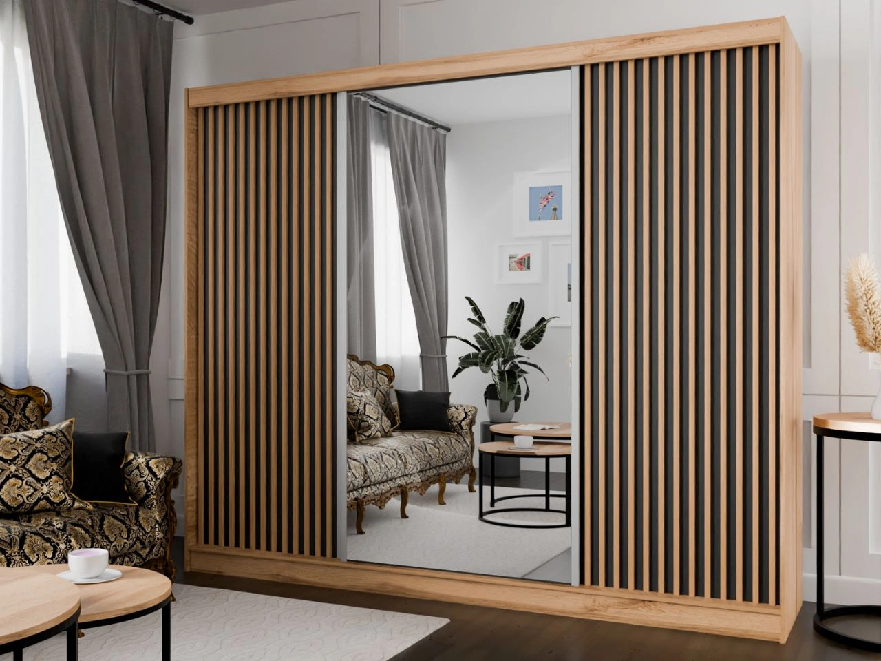 Schiebetürenschrank mit Spiegel und Lamellen 250 cm Loreto Handwerk Goldene Eiche, Schwarz