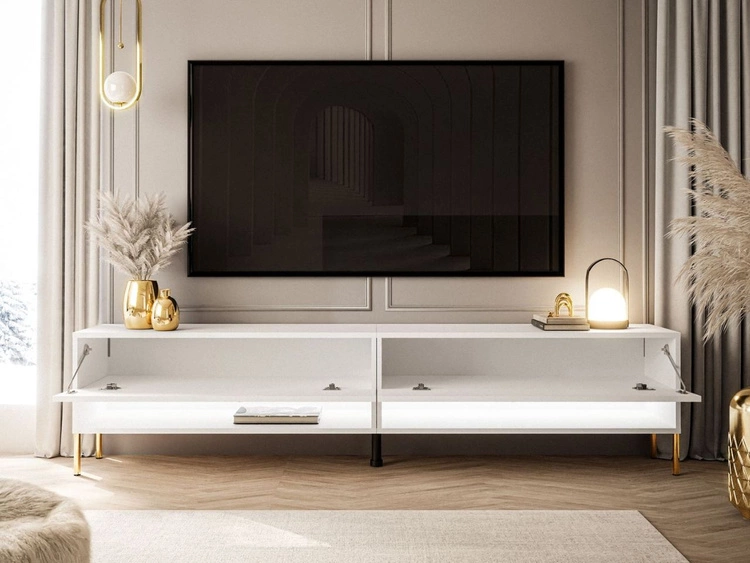 TV-Schrank für das Wohnzimmer 180 cm mit goldenen Metallbeinen und LED-Beleuchtung Aurelie Weiß Hochglanz