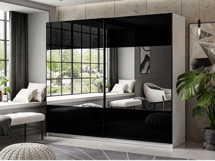 Schwebetürenschrank Zweitüriger mit Spiegel 244 cm Nuveo Schwarz-Weiß Hochglanz