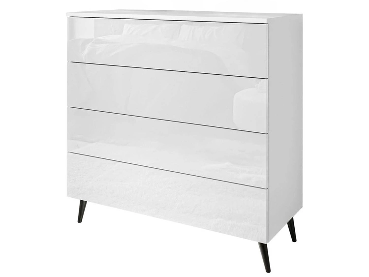 Kommode mit vier Schubladen und LED-Beleuchtung auf Schwarzen Metallbeinen Nuveo Weiß Hochglanz