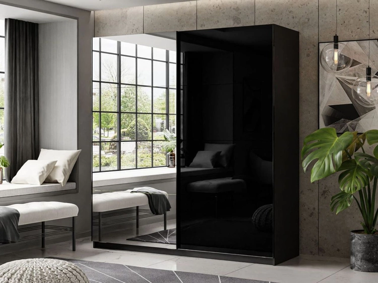 Schwebetürenschrank Zweitüriger mit Spiegel 194 cm Nuveo Schwarz Hochglanz