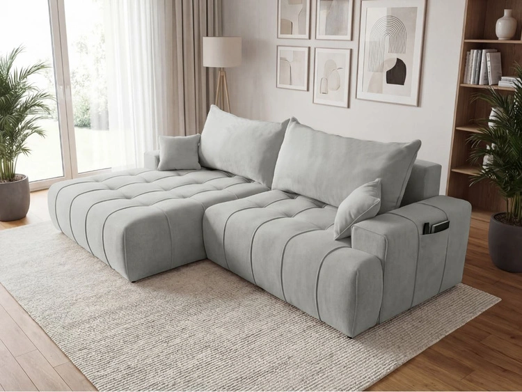 Ecksofa L-Form mit Schlaffunktion und Bettkasten Tulio Links Grau