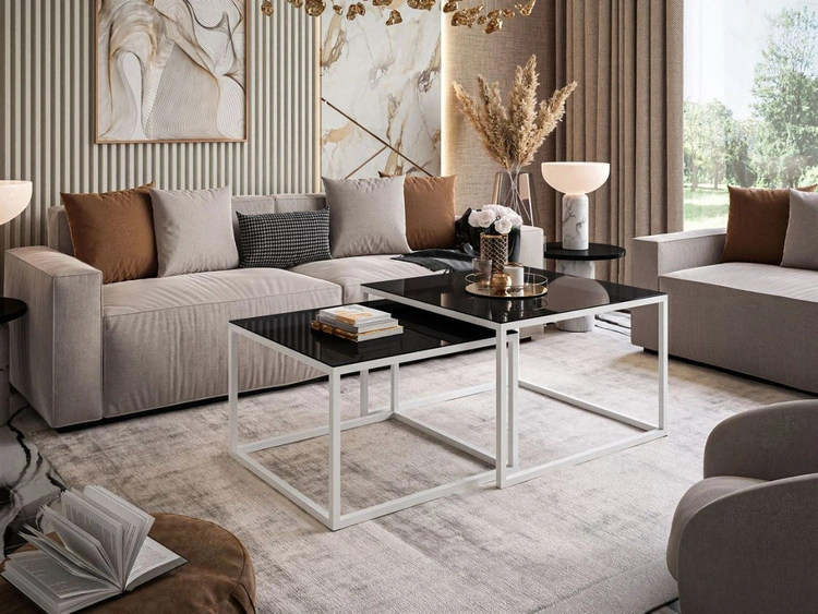 Couchtisch auf weißem Gestell mit Glasplatte Asumi Schwarz 39x45