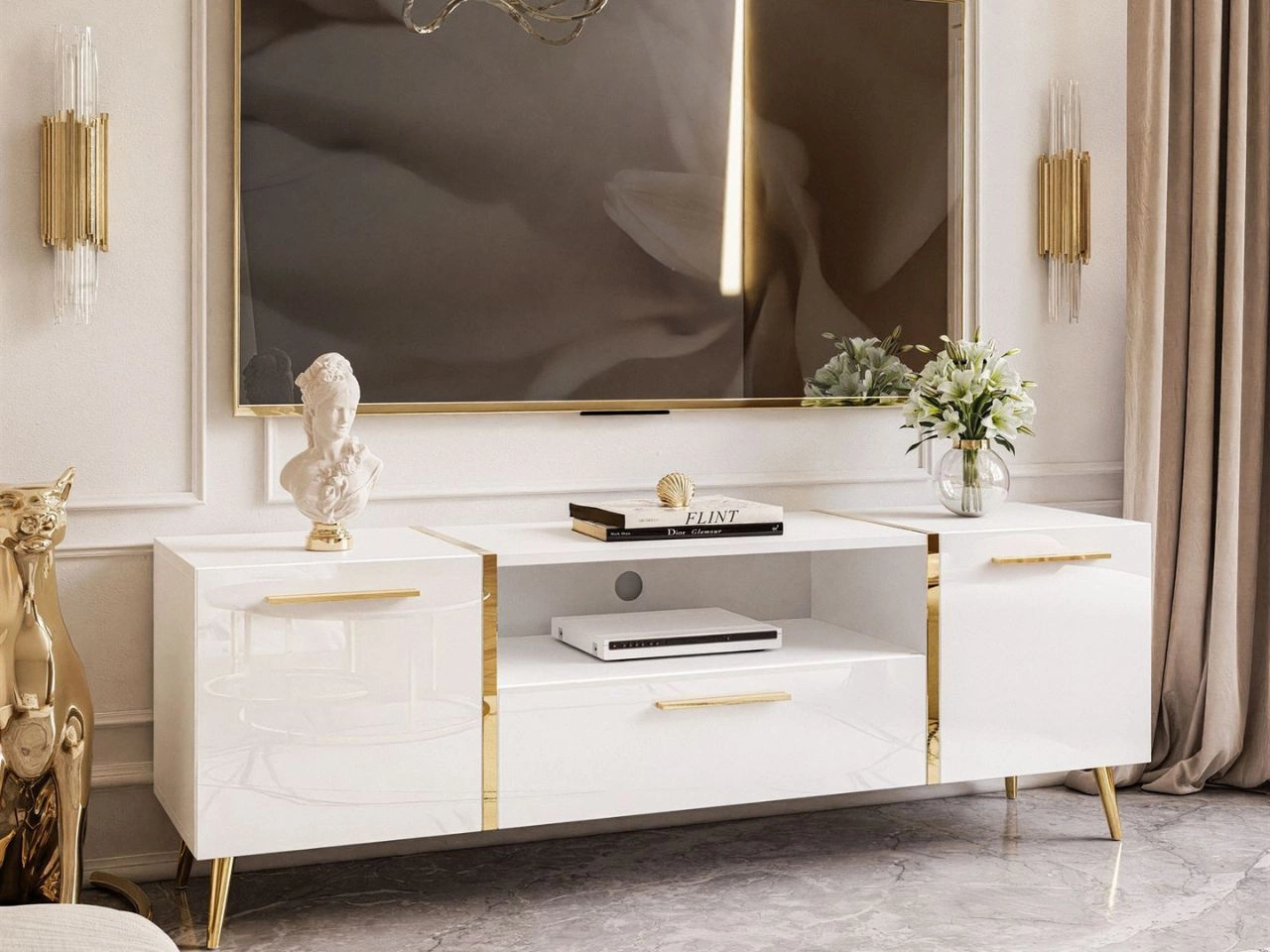 TV-Schrank im Glamour-Stil mit Schränken und Schublade Lunelie Weiß Hochglanz