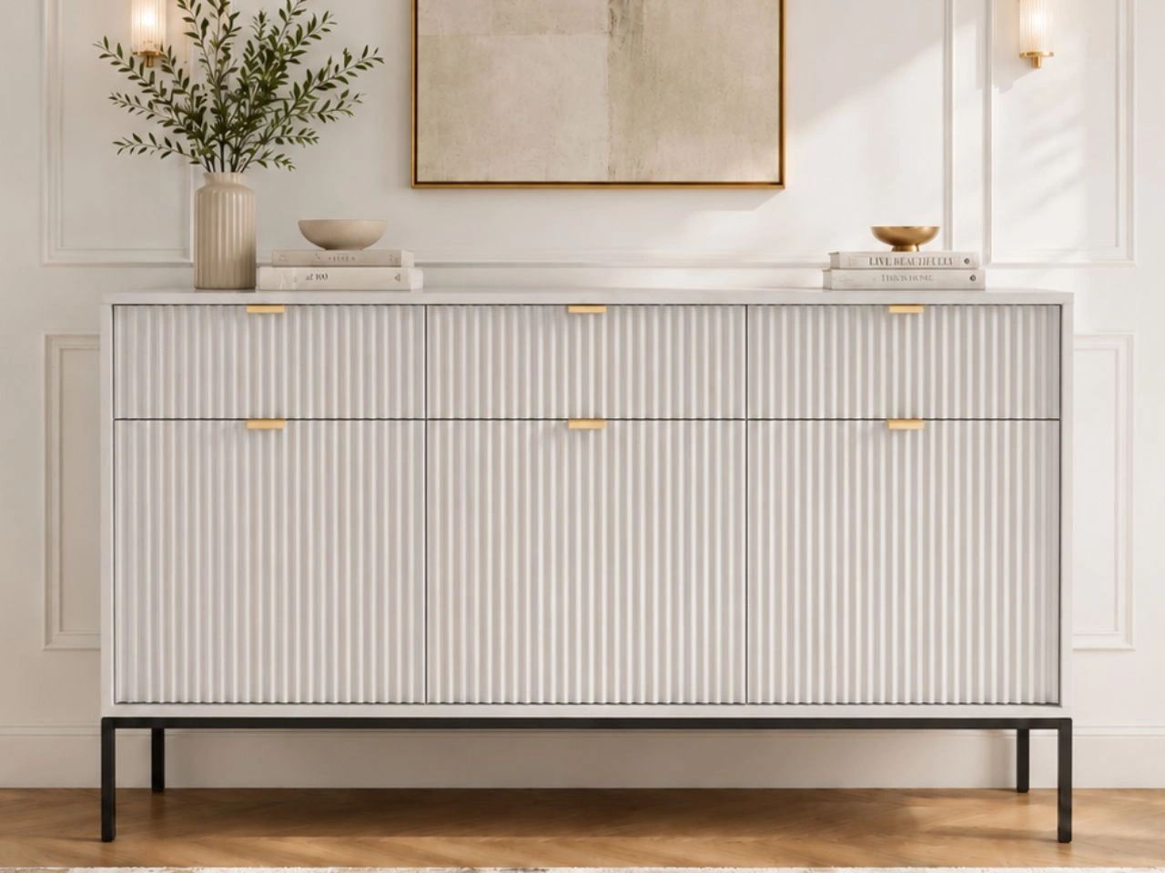 Kommode mit Türen und Schubladen Amber Grau, Schwarz Frame