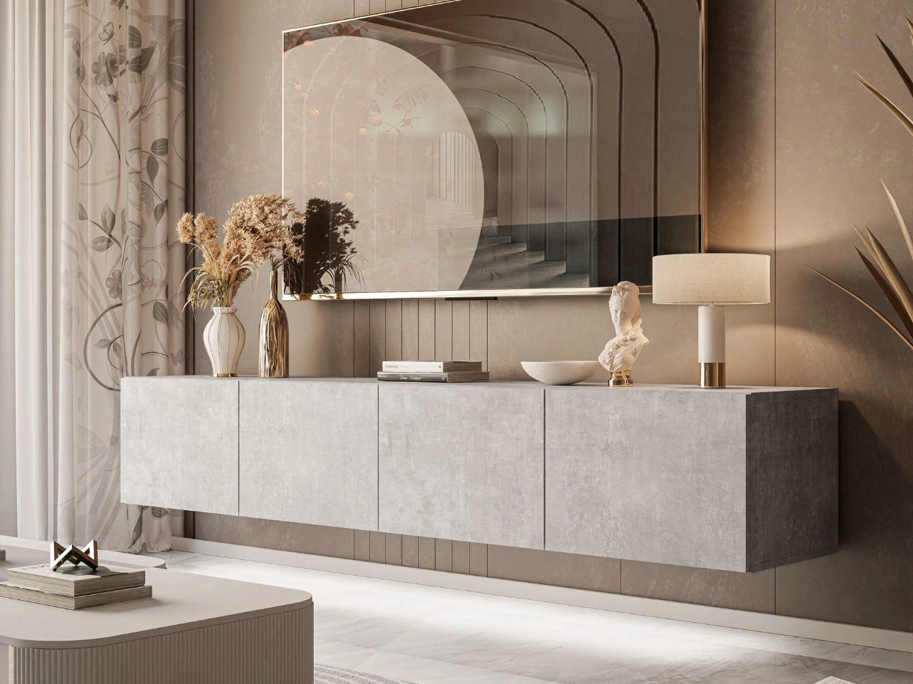 Hängeschrank mit Türen und LED-Beleuchtung 200 cm Nodoo Beton