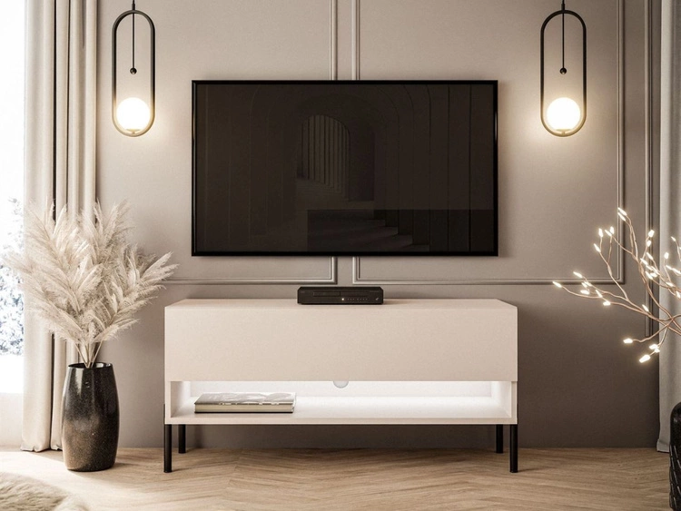 TV-Schrank 90 cm mit LED-Beleuchtung und schwarzen Metallbeinen Aurelie Kaschmir matt