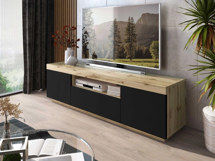 Wohnzimmer-Set – TV-Schrank und Kommode Asumi Schwarz und Eiche Wotan