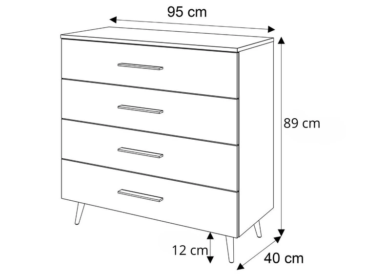 Kommode mit vier Schubladen und LED-Beleuchtung auf Schwarz-Goldenen Metallbeinen Nuveo Schwarz Hochglanz