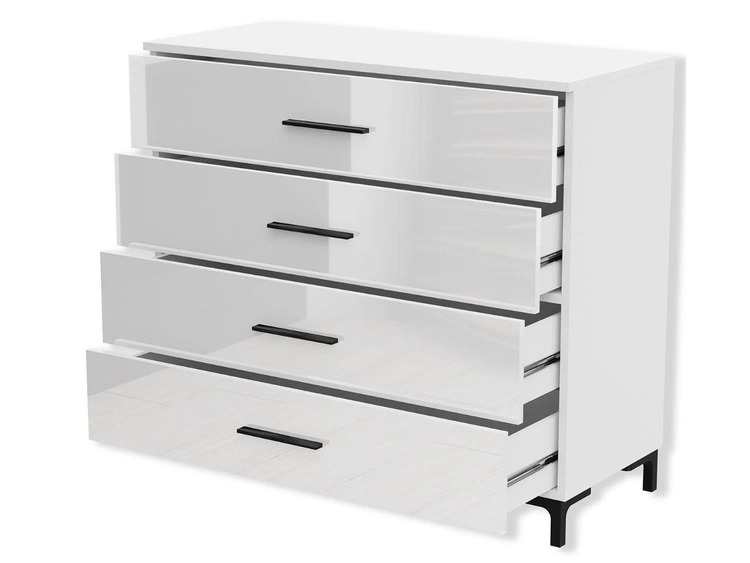 Kommode mit vier Schubladen und LED-Beleuchtung auf Schwarzen Beinen Nuveo Weiß Hochglanz