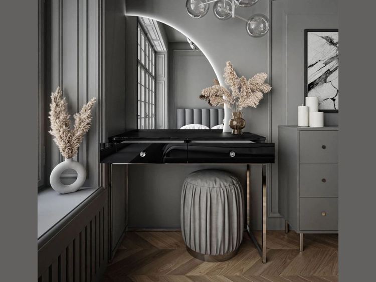 Kosmetiktisch rechtsseitig mit Schubladen und LED-Beleuchtung auf silbernen Beinen Clarette Schwarz Hochglanz