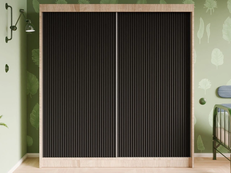 Schiebetürenschrank mit geriffelter Front 200 cm Fano Eiche Sonoma, Schwarz