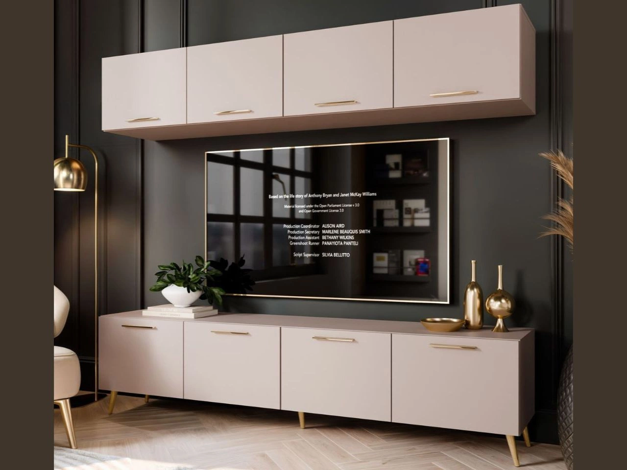 Wohnwand für das Wohnzimmer mit LED-Beleuchtung auf Goldenen Metallbeinen Noaé Kaschmir