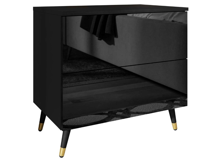 Nachttisch mit Schubladen auf Schwarz-Goldenen Metallbeinen Nuveo Schwarz Hochglanz