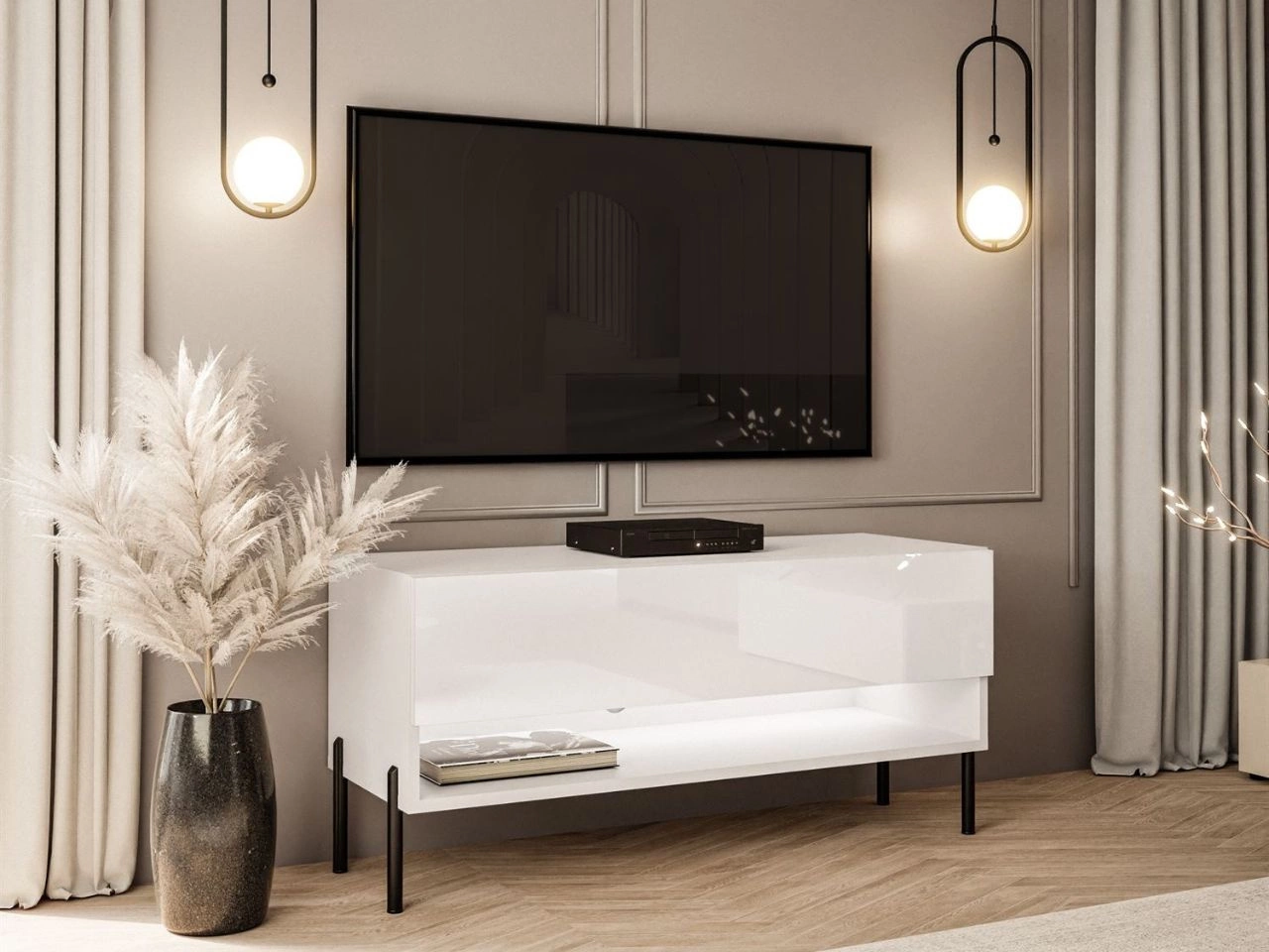 TV-Schrank 90 cm mit LED-Beleuchtung und schwarzen Metallbeinen Aurelie Weiß Hochglanz