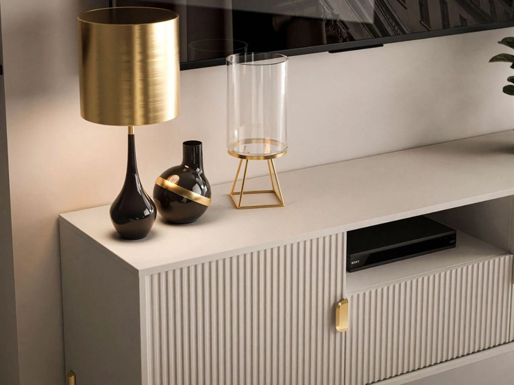 TV-Lowboard zweitürig mit Schublade und goldenen Metallfüßen Orlean Kaschmir Matt