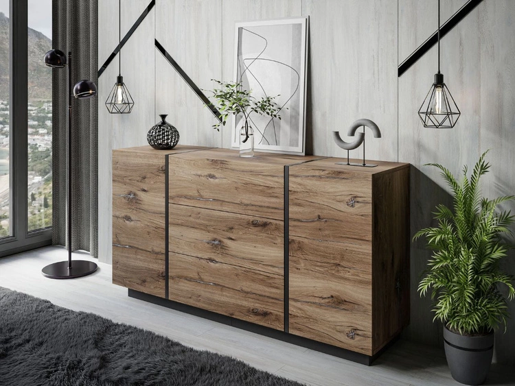 Zweitürige Kommode 158 cm mit drei Schubladen Lunelie Flagstaff-Eiche